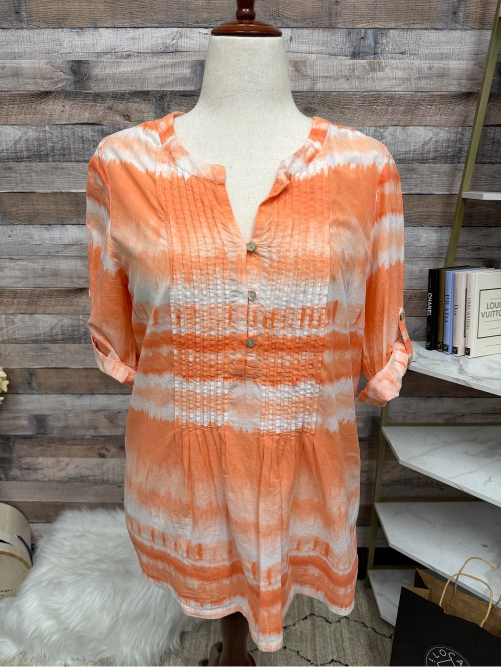 J Jill Orange & White Tie-Dye 3/4 Sleeve Button Top M